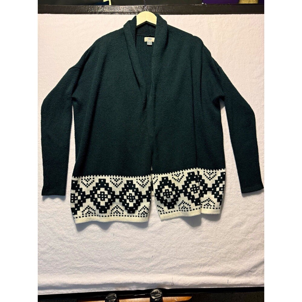 Old Navy Women's Green & White Geometric Sweater Collar Open Front Cardigan S